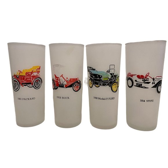 Vintage Tumblers Anchor Hocking "Antique Autos" Frosted Ice Tea Glass Set Of 4 - Picture 1 of 8